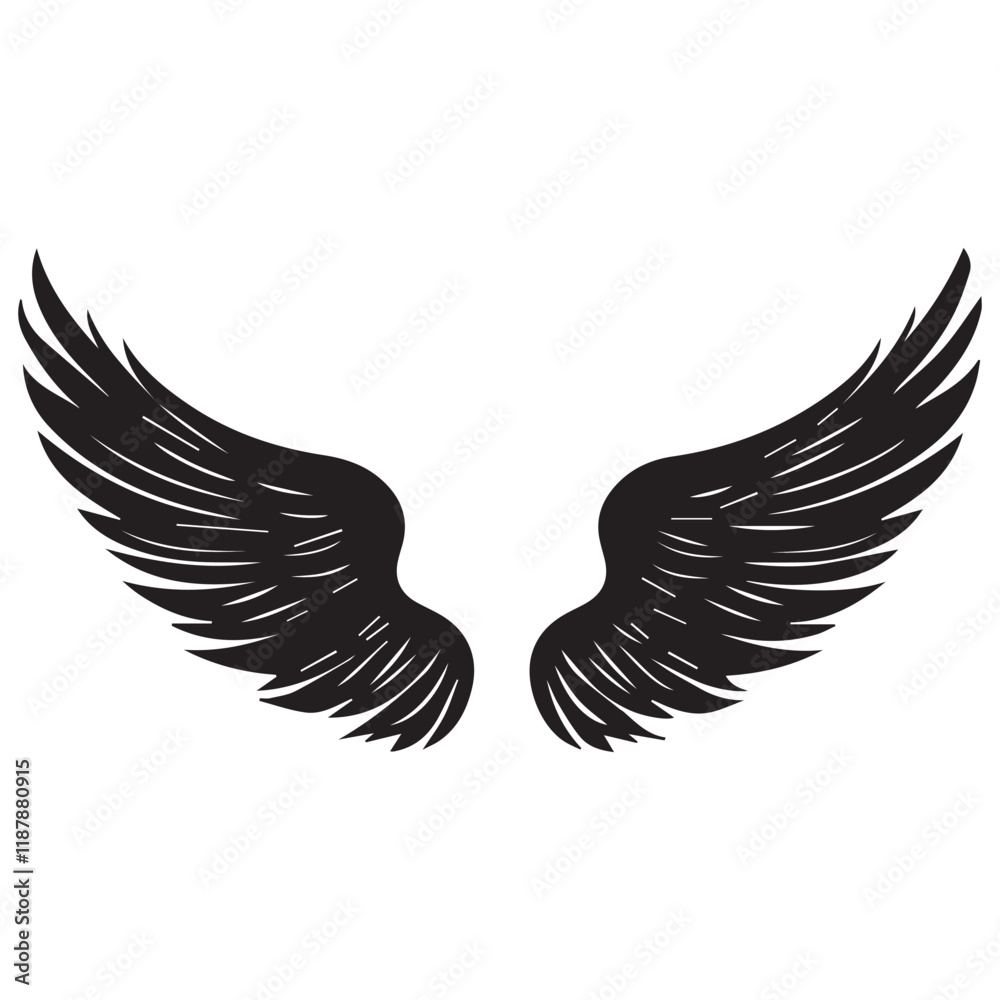 Fototapeta premium Elegant Angel Wings Clipart: Black and White Outline Design with Memorial and Spiritual Symbolism.