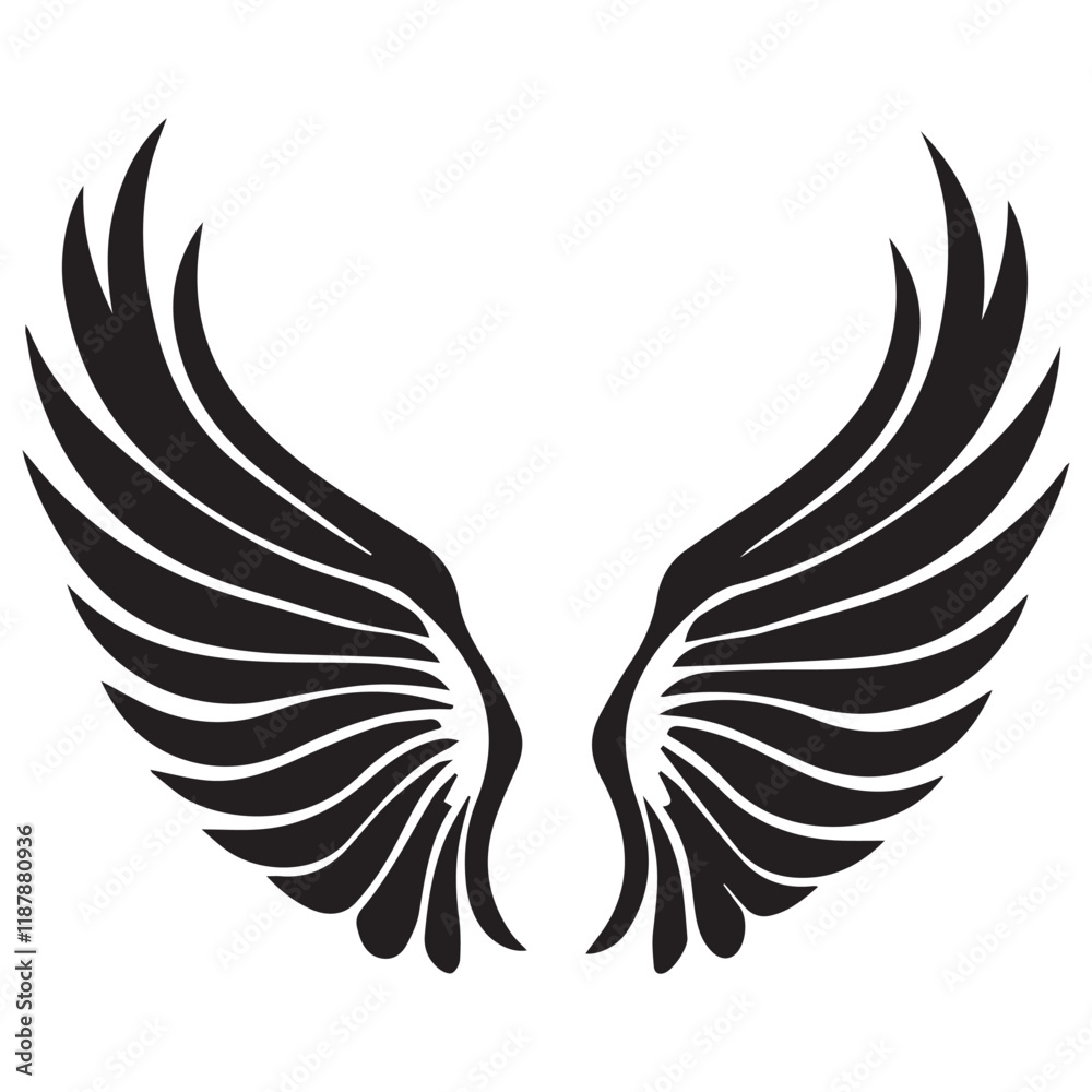 Obraz premium Elegant Angel Wings Clipart: Black and White Outline Design with Memorial and Spiritual Symbolism.