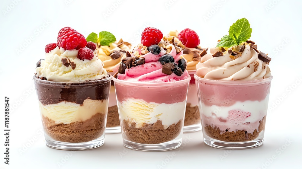 Delicious layered desserts in clear cups with berries and cream, isolated on white. Delicious layered desserts in clear cups with berries and cream, isolated on white.