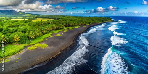 Minimalist Aerial View: Punaluu Black Sand Beach, Hawaii Volcanic Landscape photo