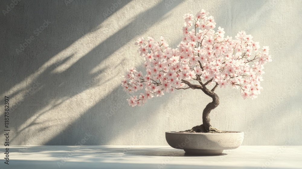 Fototapeta premium Blooming cherry blossom bonsai tree in a pot, sunlight.