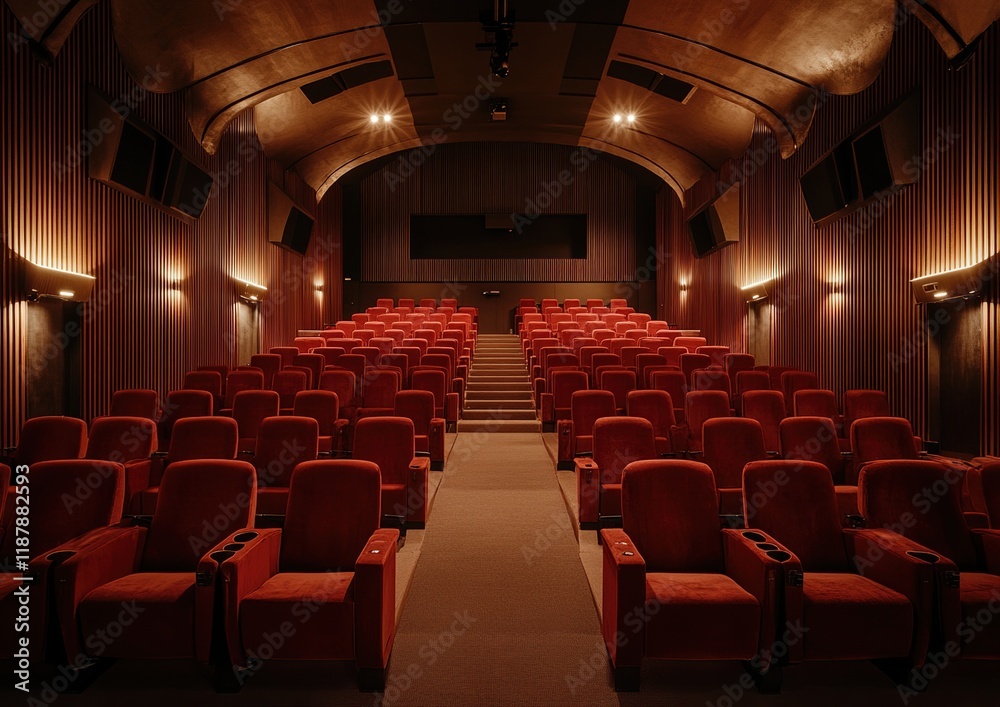 Discover the Immersive Experience: Luxurious Red Velvet Seating in a Modern Movie Theater with State-of-the-Art Acoustics, Enhanced by Soft Lighting and Wooden Walls. Discover the Immersive Experience: Luxurious Red Velvet Seating in a Modern Movie Theater with State-of-the-Art Acoustics, Enhanced by Soft Lighting and Wooden Walls.