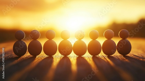 Wooden figurines in a row with a golden sunset, casting long shadows
