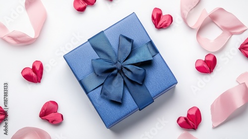 Blue gift box with bow and ribbon on a white background isolated imageGift and holidays concept with copy spaceValentines Day International Womens Day concept Flat laytop view photo