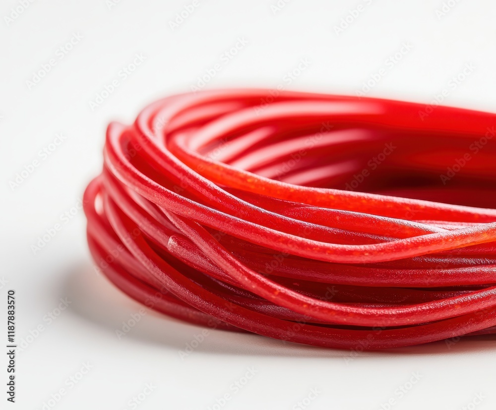 Red licorice twirls over a light background, showcasing a delightful candy treat perfect for events, movie nights, or snack breaks with friends and family alike Red licorice twirls over a light background, showcasing a delightful candy treat perfect for events, movie nights, or snack breaks with friends and family alike