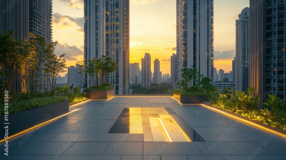 Fototapeta premium Cityscape Rooftop Garden at Sunset