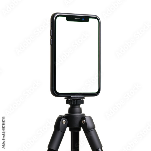 A black smartphone is mounted on a small black tripod ready to record video.