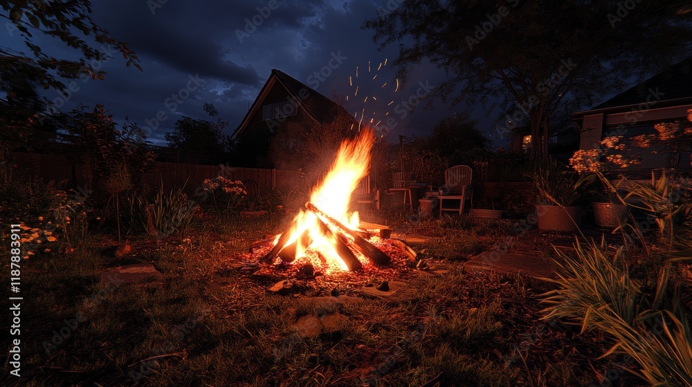 Night Bonfire in Backyard Garden Night Bonfire in Backyard Garden
