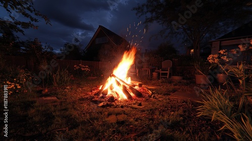 Night Bonfire in Backyard Garden