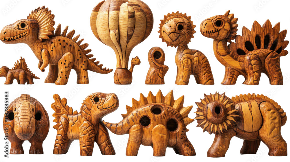 Fototapeta premium collection set of wooden dinosaur toys isolated on white background