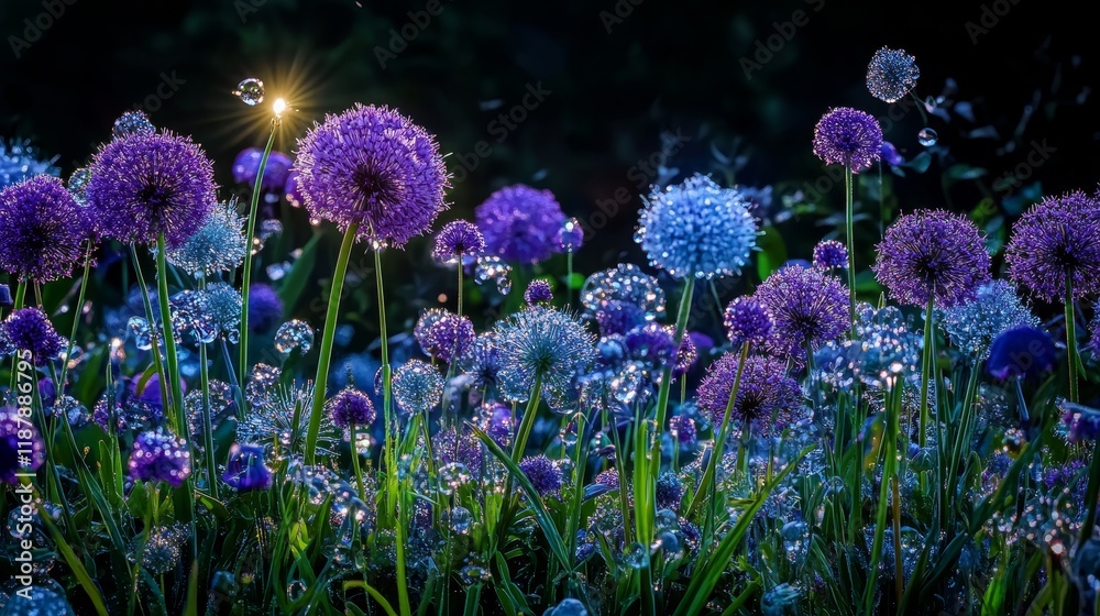 Luminous nightscape: dew-kissed purple alliums in moonlight Luminous nightscape: dew-kissed purple alliums in moonlight