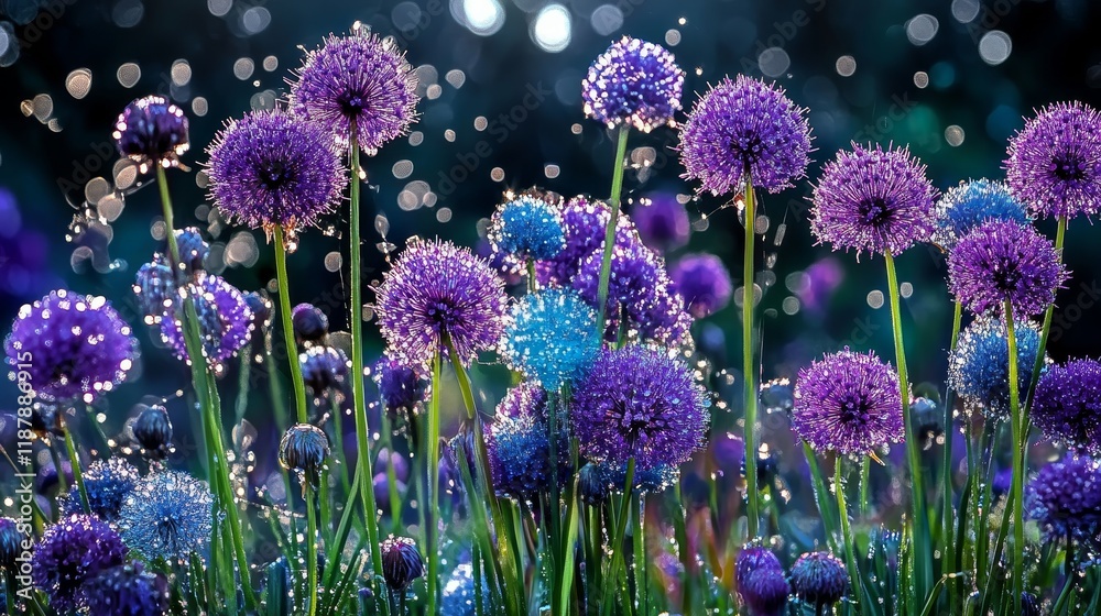 Vibrant purple and blue allium flowers in dewy morning light Vibrant purple and blue allium flowers in dewy morning light