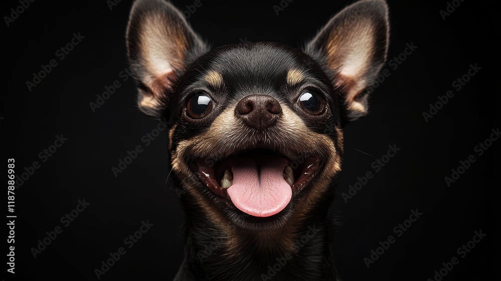 full body dark chocolate chihuahua with tan eyebrows and tan paws smiling and tongue out. black background. full body dark chocolate chihuahua with tan eyebrows and tan paws smiling and tongue out. black background.