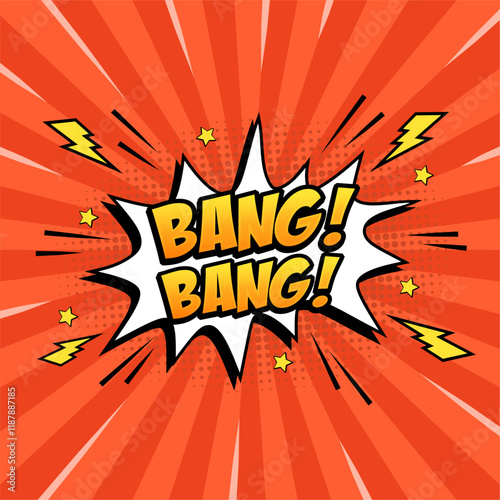 Stylish colorful retro comic speech bubble on halftone orange color background. Expression text BANG BANG. Vector illustration, vintage design, pop art style.
