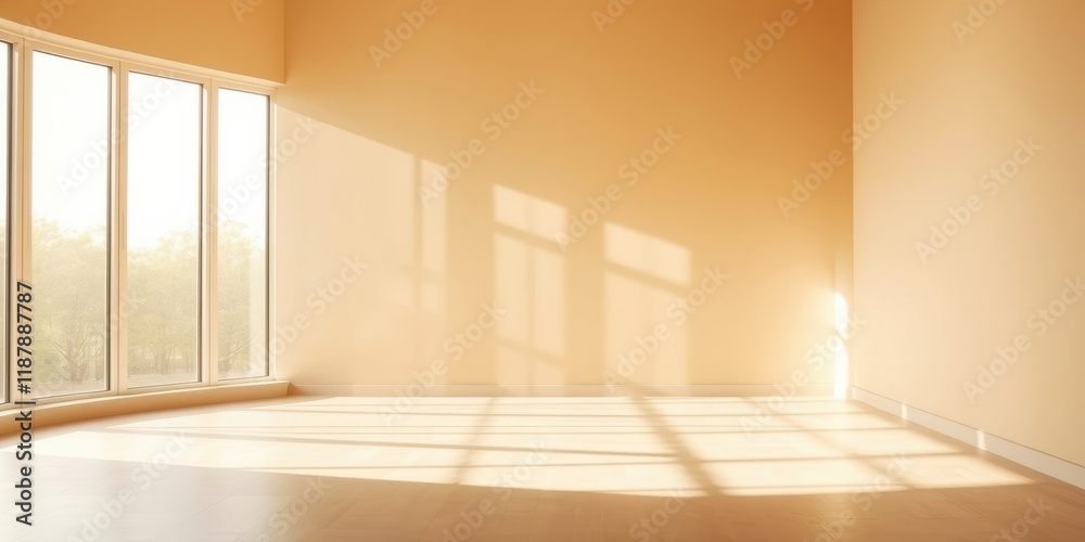 Fototapeta premium Sunlight streaming through a large window casts rectangular shadows on the floor of an empty room.