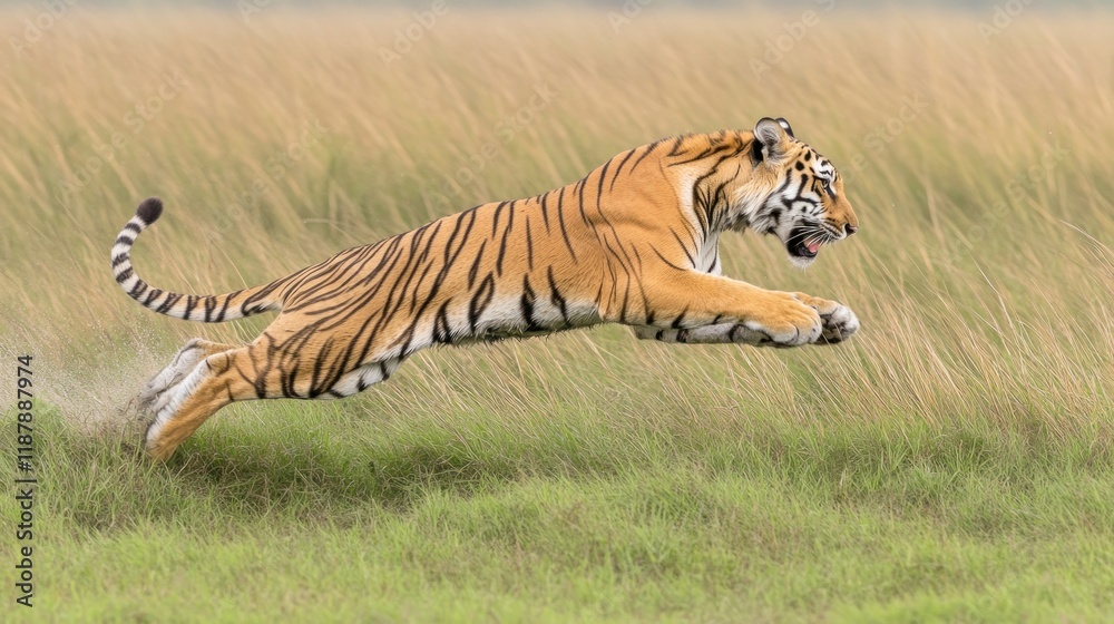 Fototapeta premium Majestic Bengal Tiger in mid-leap across grassy plains, showcasing its power and grace in a breathtaking wildlife moment.