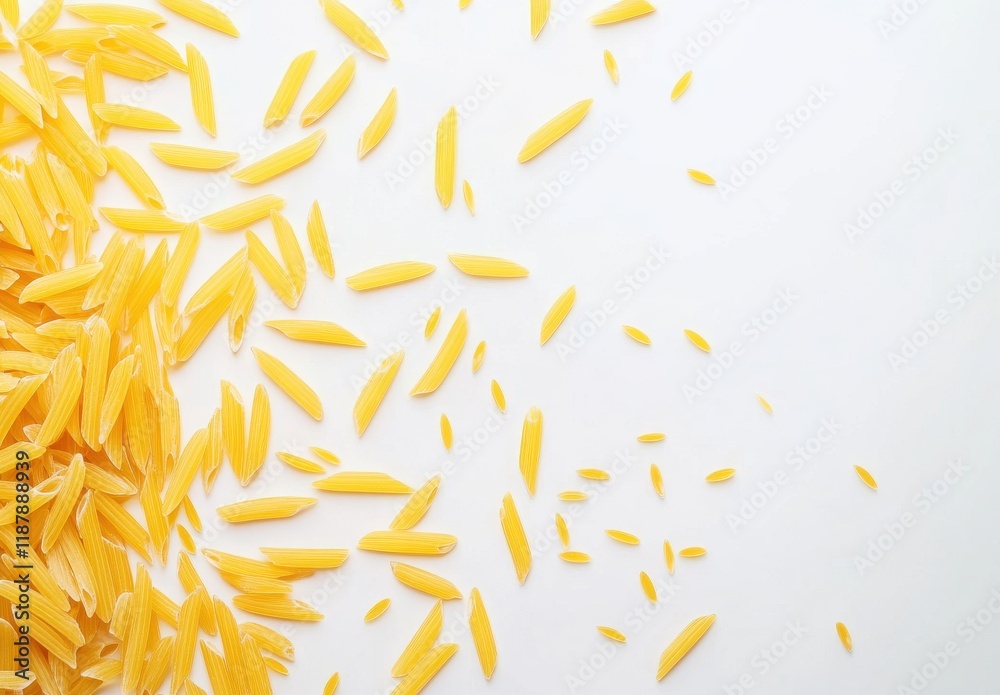 Yellow pasta pieces scattered on a white surface, showcasing different shapes and sizes, perfect for culinary backgrounds and food-related projects Yellow pasta pieces scattered on a white surface, showcasing different shapes and sizes, perfect for culinary backgrounds and food-related projects