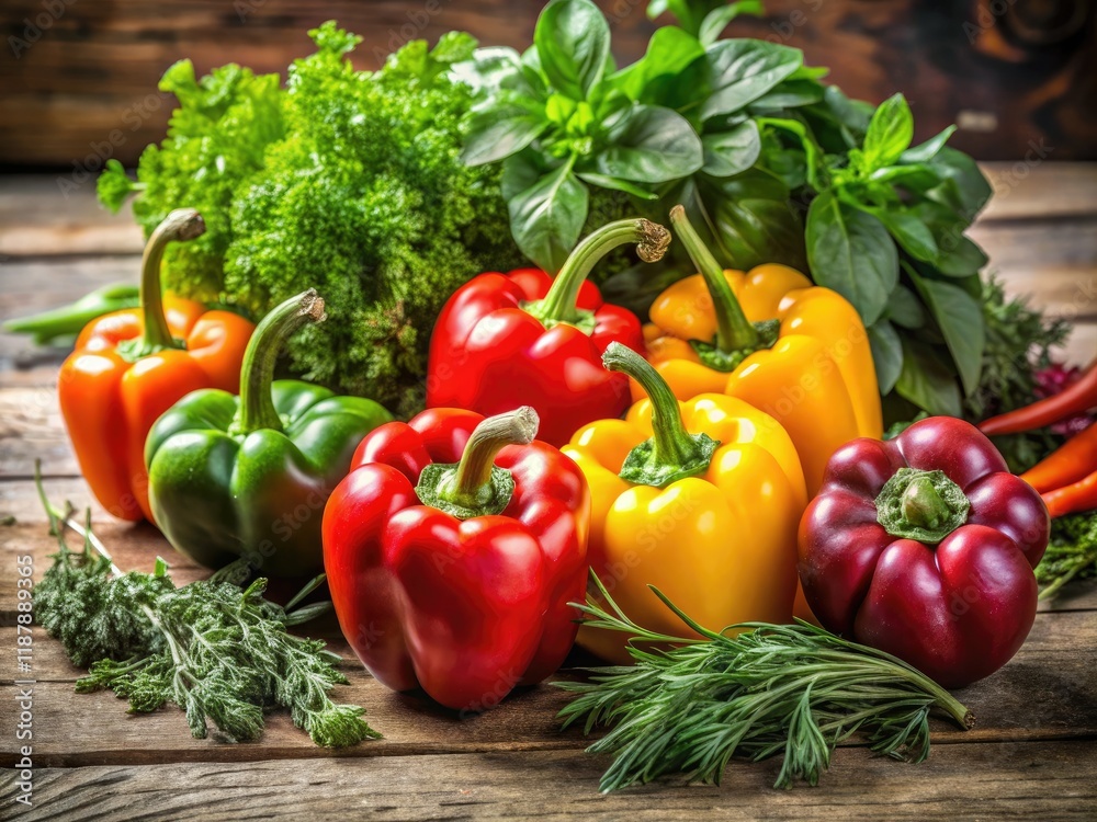 Fresh peppers and herbs burst with color in vibrant produce photography. Fresh peppers and herbs burst with color in vibrant produce photography.