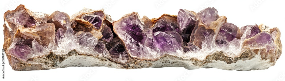 Amethyst crystal cluster, purple hue, isolated on white background.