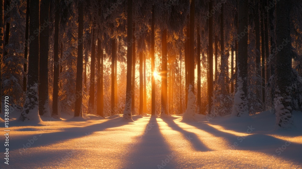 Golden Hour in a Winter Wonderland: Sunlit Snow Forest