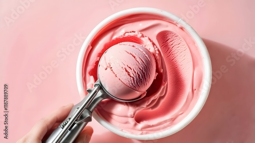Strawberry Ice Cream Scoop: Refreshing Pink Dessert in Container for Food Photography