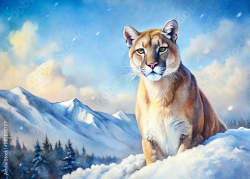 Minimalist Watercolor Mountain Lion Winter Panoramic Landscape photo