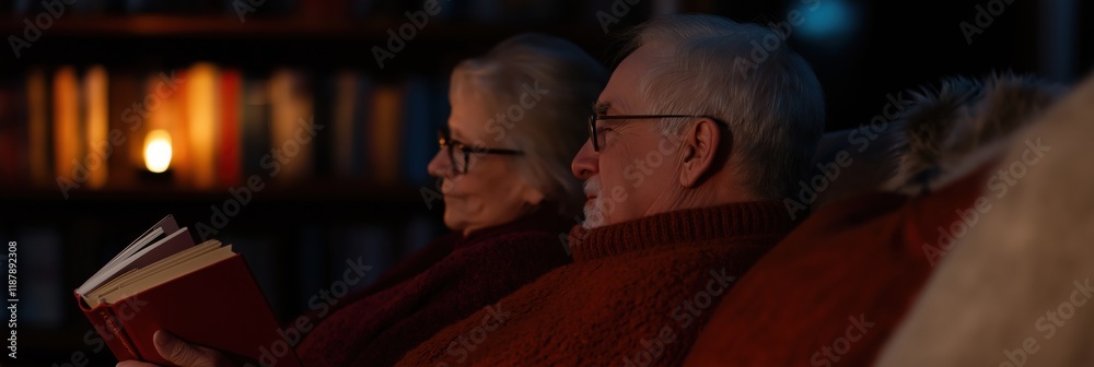 Fototapeta premium A cozy setting where an elderly couple enjoys reading together by candlelight, uniquely capturing the warmth of companionship and the beauty of shared moments in their lives.