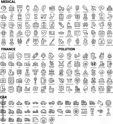 Mega set of icons in trendy line style. Medical, Polution, Finance, and Car. Big set Icons collection. Vector illustration