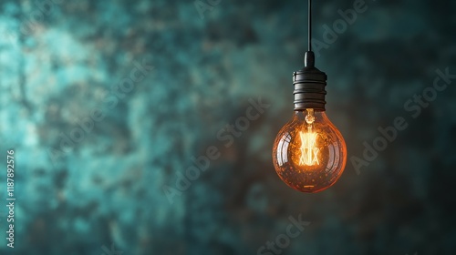 A glowing vintage-style hanging light bulb against a teal background