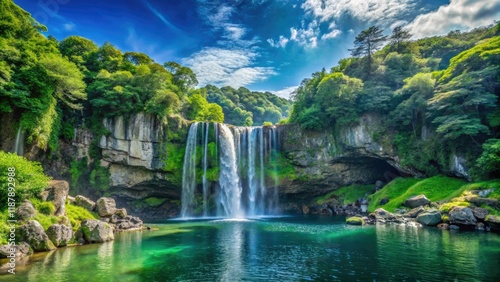 Jeju's Cheonjiyeon Waterfall: Majestic beauty captured in breathtaking landscape photography. photo