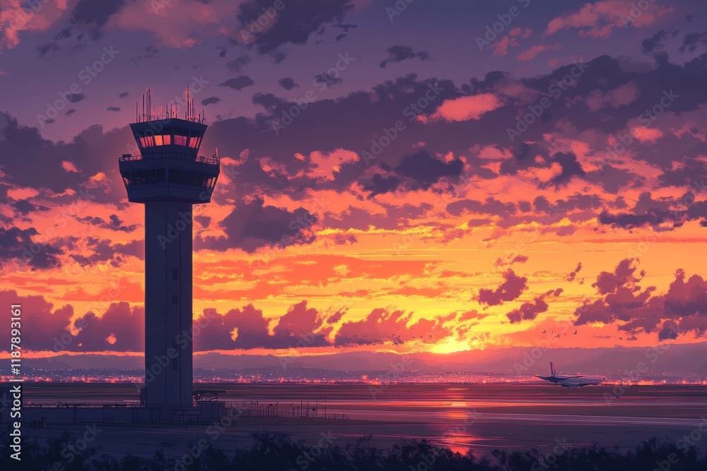 Obraz premium Sunset over Airport: Airplane Landing at Tower Control Scenic View with Vibrant Sky Colors
