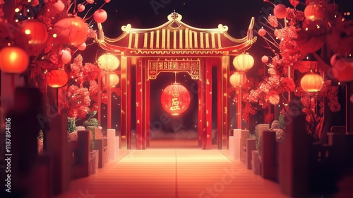 Red Lantern Festive Gate Illuminated Path photo
