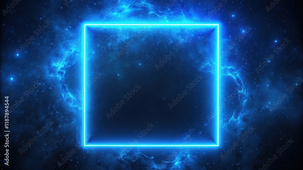 Obraz premium Minimalist space art: a cosmic blue neon square frames a dark galaxy, outlined in a vibrant blue line.