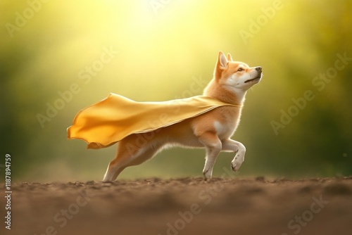 Heroic dog in a cape enchanted forest animal photography magical setting side view adventure theme photo