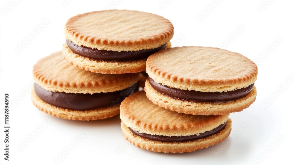Four chocolate cream sandwich cookies stacked on white background. Four chocolate cream sandwich cookies stacked on white background.