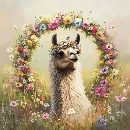 A cheerful llama adorned with a floral crown in a vibrant field of flowers.