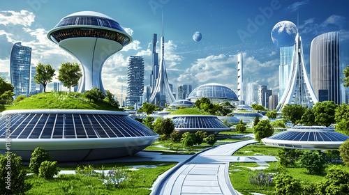 Futuristic city landscape with UFO-like structures and lush greenery