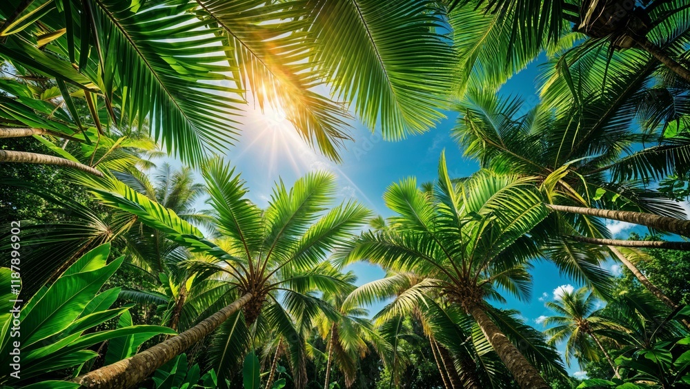 Tropical palm trees sway in the sun against a vibrant blue sky Tropical palm trees sway in the sun against a vibrant blue sky