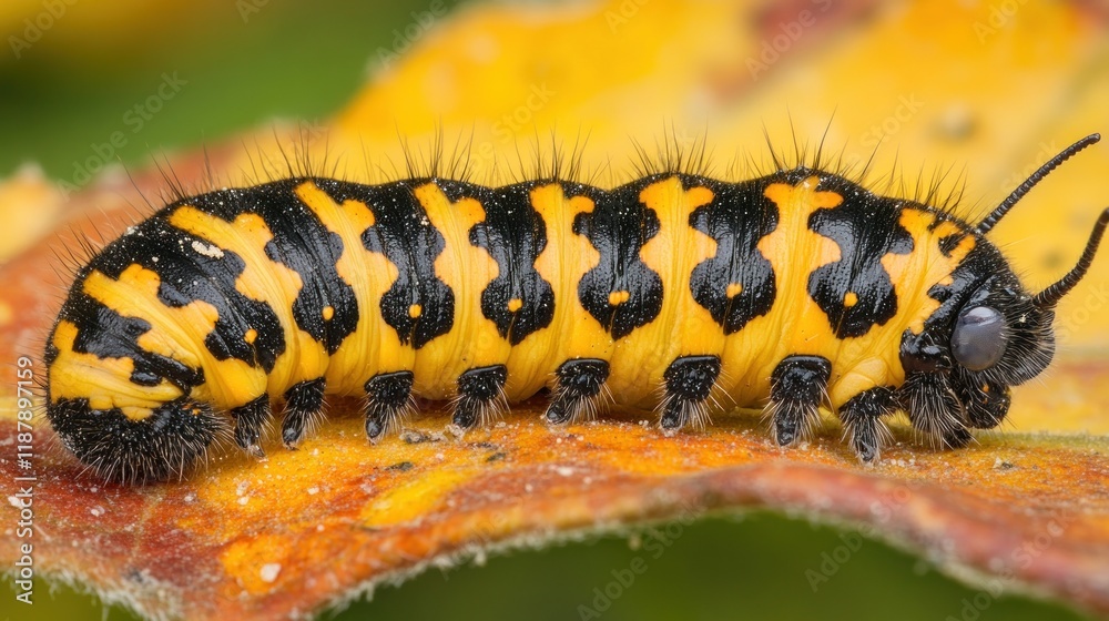 A close-up of a colorful caterpillar resting on a leaf. A close-up of a colorful caterpillar resting on a leaf.