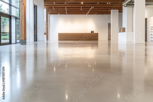 Modern gallery interior, polished floor, reception desk. Use Architecture, design