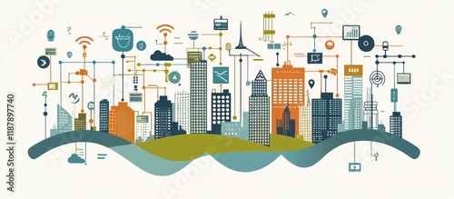 Interconnected digital systems showcase smart city infrastructures.