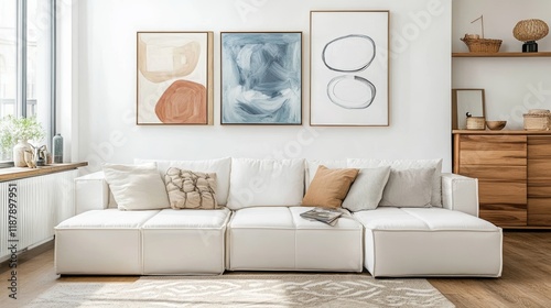 Cosy and stylish interior design of living room with modular white sofa wooden furnitures paintings on the wall decorations windowsill and personal accessories Home styling Template