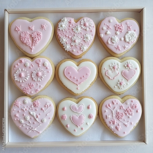 Heart shaped cookies, pink and white icing, Valentine's Day