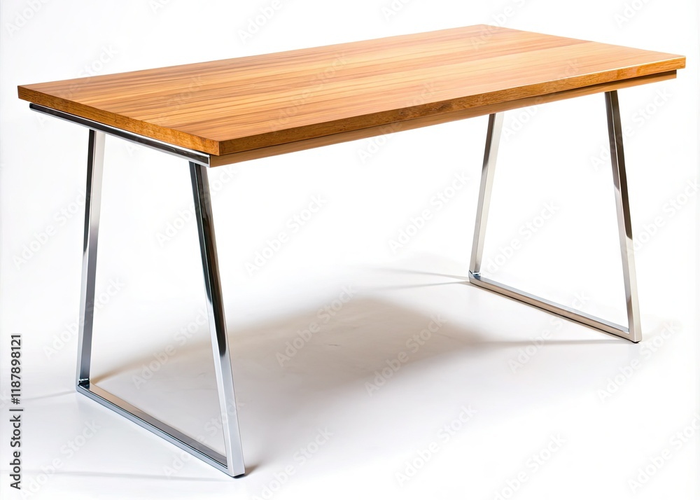 Fototapeta premium Sleek wooden desk: minimalist design, metal legs, white backdrop. Perfect modern home office addition.