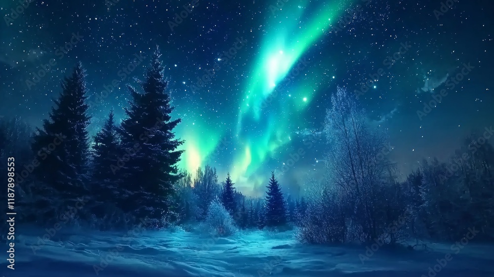 Naklejka premium Aurora Borealis or Northern Lights shining bright over night sky in a nordic forest