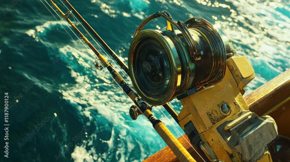 Close-up of fishing rod and reel on boat at sea. Close-up of fishing rod and reel on boat at sea.