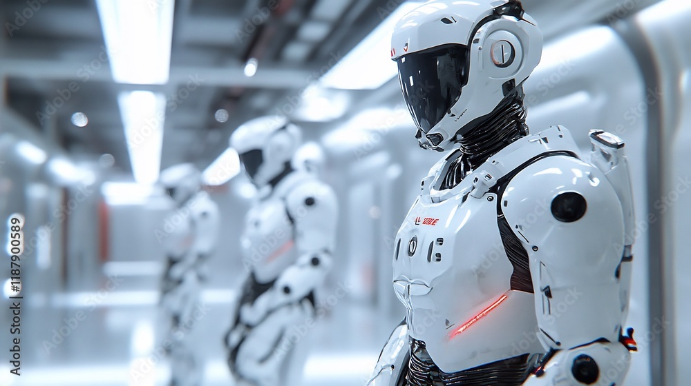 Robots in futuristic hallway, awaiting activation. Stock photo for sci-fi, technology Robots in futuristic hallway, awaiting activation. Stock photo for sci-fi, technology