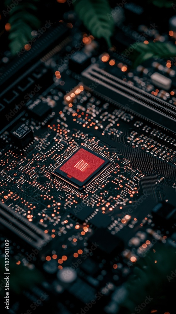Glowing Red Microchip on Circuit Board Technology Closeup Glowing Red Microchip on Circuit Board Technology Closeup