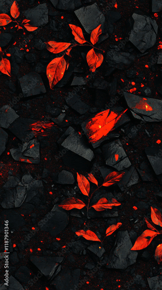 Fototapeta premium Red leaves on dark rocks create striking contrast