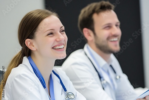 Happy doctors attend medical seminar; colleagues listen attentively